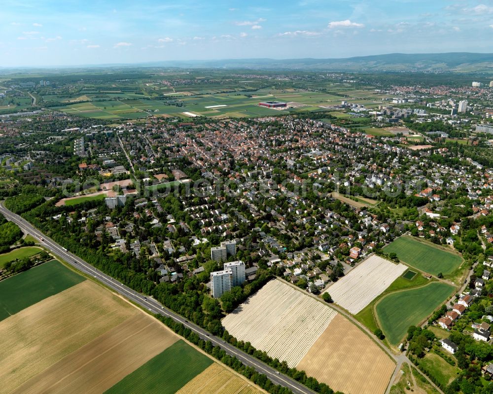 Mainz from the bird's eye view: View of the Bretzenheim district of Mainz in the state of Rhineland-Palatinate. The Western district is located on the federal motorway A60 and includes several residential areas and estates as well as the distinct red Coface Arena, the home grounds of the 1.FSV Mainz 05 football club