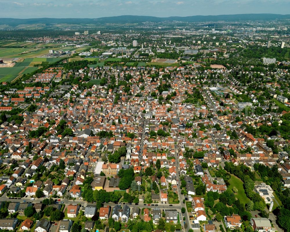 Aerial image Mainz - View of the Bretzenheim district of Mainz in the state of Rhineland-Palatinate. The Western district is located on the federal motorway A60 and includes several residential areas and estates as well as the distinct red Coface Arena, the home grounds of the 1.FSV Mainz 05 football club