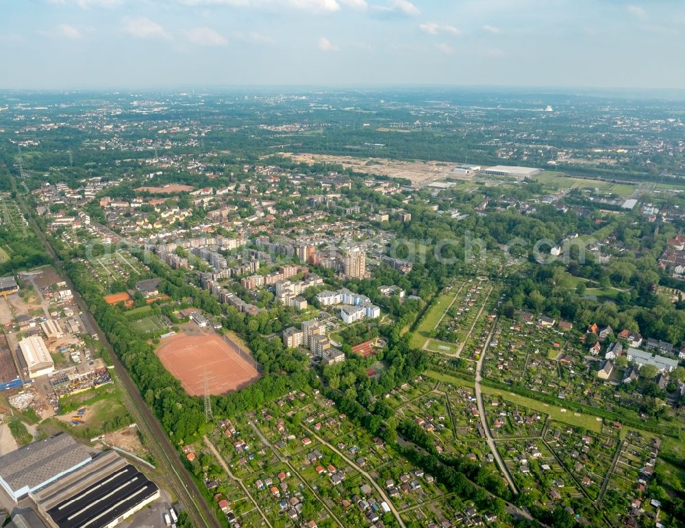 Gelsenkirchen from above - View of the Bulmke-Huellen neighborhood with sports facilities, allotements and residential areas on Doermannsweg in Gelsenkirchen in the state of North Rhine-Westphalia