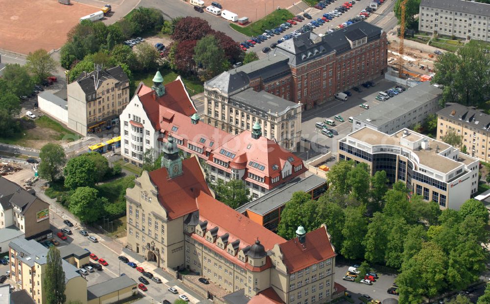 Aerial image Chemnitz - Building complexes of vocational school BSZ für Technik II - Handwerkerschule Chemnitz at Schlossstrasse and police station Chemnitz-Mitte at Hartmanstrasse, as well as a site of vocational education and training center WBS Training AG at Promenadenstrasse in the centre of Chemnitz, Saxony