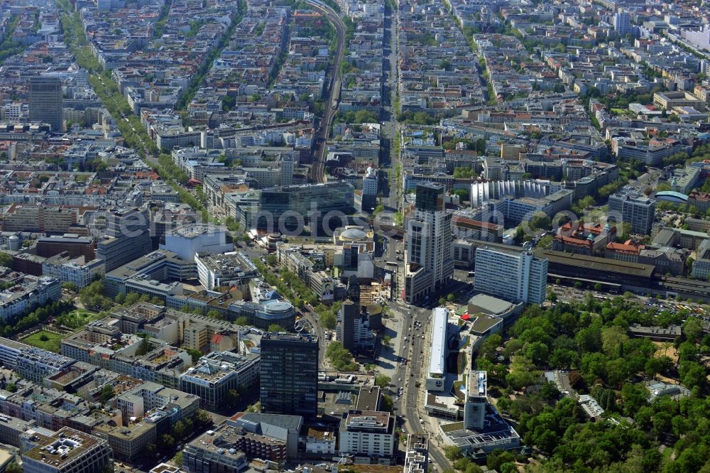 Berlin from above - Partial view of the city at the City West Breitscheidplatz with the Kudammm in Berlin - Charlottenburg. With the overview of the city area between the high-rise Europa Center, Zoofenster, building ensemble Bikini - house opposite the ruins of the Kaiser Wilhelm Memorial Church