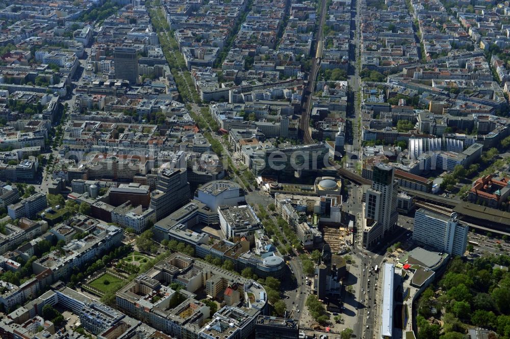 Berlin from above - Partial view of the city at the City West Breitscheidplatz with the Kudammm in Berlin - Charlottenburg. With the overview of the city area between the high-rise Europa Center, Zoofenster, building ensemble Bikini - house opposite the ruins of the Kaiser Wilhelm Memorial Church