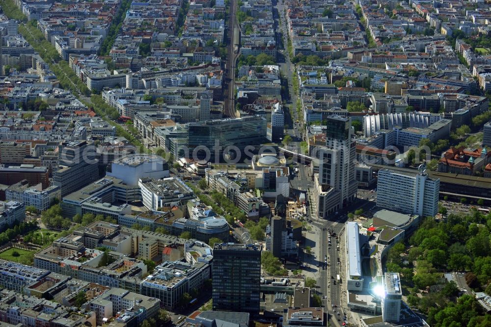 Berlin from above - Partial view of the city at the City West Breitscheidplatz with the Kudammm in Berlin - Charlottenburg. With the overview of the city area between the high-rise Europa Center, Zoofenster, building ensemble Bikini - house opposite the ruins of the Kaiser Wilhelm Memorial Church