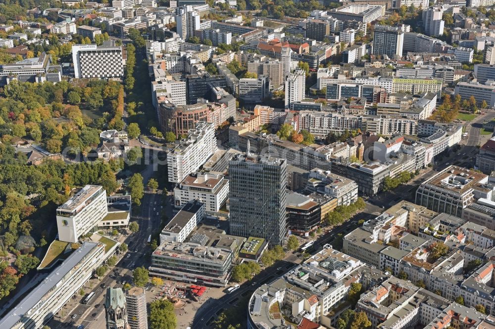 Berlin from above - View of the City West around Breitscheidplatz with the Europa Center in the Charlottenburg part of Berlin. The shopping mall with its glass highrise is located between Budapester Street and Tauentzienstrasse