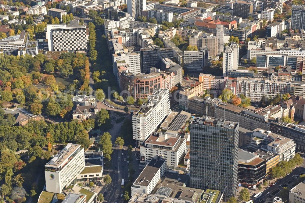 Berlin from the bird's eye view: View of the City West around Breitscheidplatz with the Europa Center in the Charlottenburg part of Berlin. The shopping mall with its glass highrise is located between Budapester Street and Tauentzienstrasse