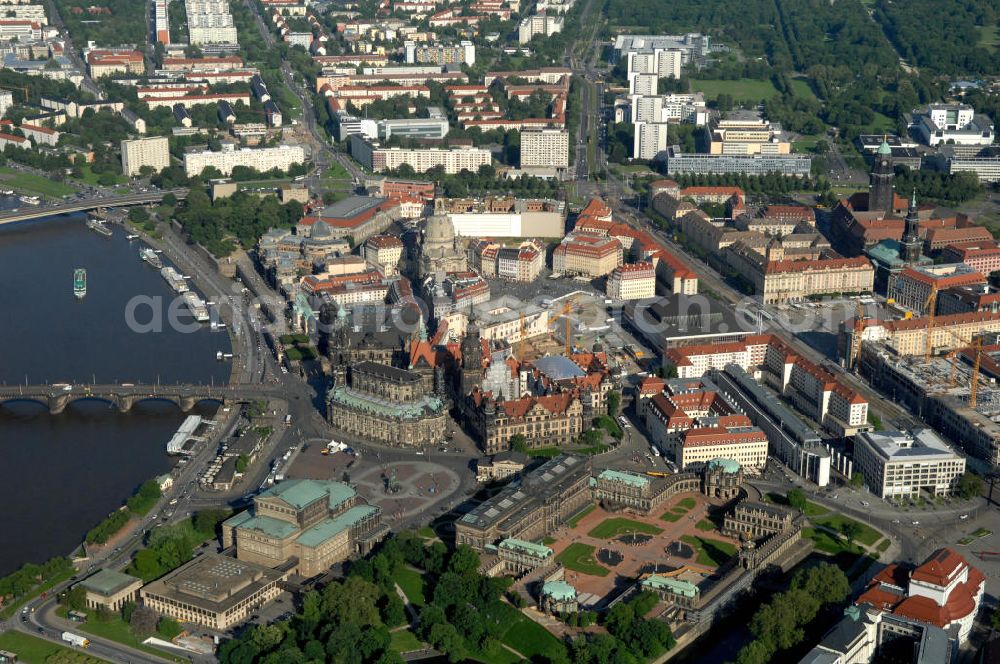 Dresden from above - Blick über die Altstadt an der Augustusbrücke mit dem Dresdner Zwinger am Elbufer in Dresden. View over historic district at bridge Augustusbruecke on bank of the River Elbe.