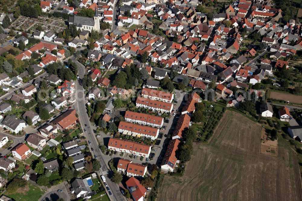 Aerial image Mainz - View of the Ebersheim district of Mainz in the state Rhineland-Palatinate. Ebersheim is the southernmost and youngest part of the state capitol and famous for its wine. Ebersheim is also called the Gate to Rhine Hesse