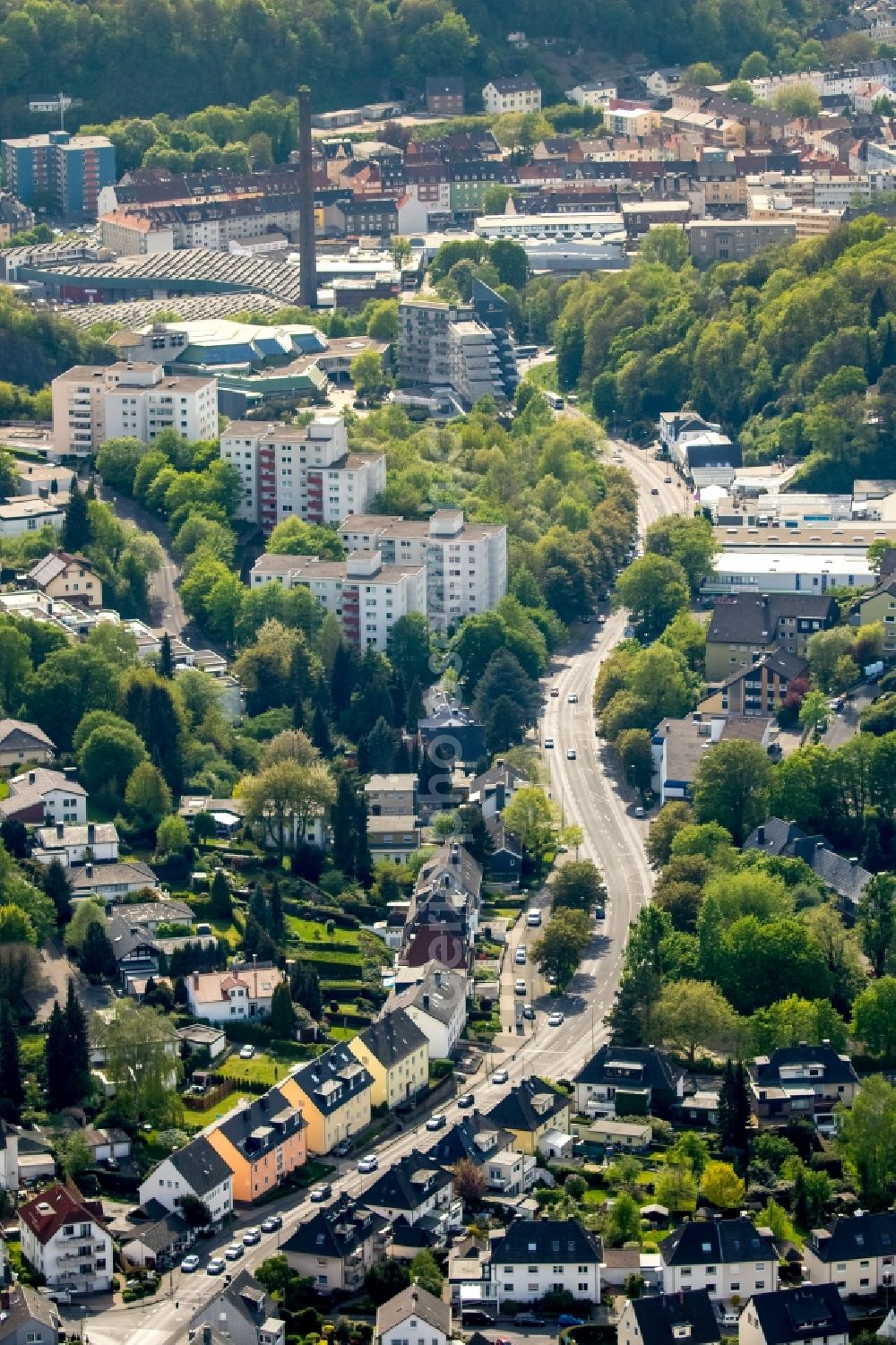 Hagen from the bird's eye view: View of the Emst part of Hagen in the state of North Rhine-Westphalia. View along the street Wasserloses Tal