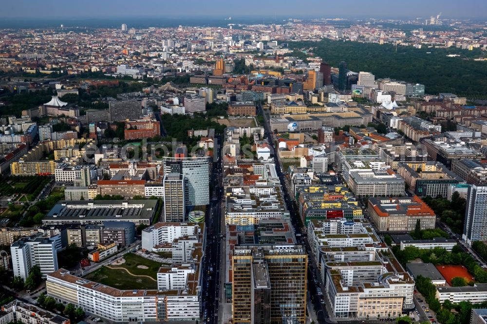 Aerial photograph Berlin - View along Rudi-Dutschke Strasse in the Kreuzberg part of Berlin in Germany. Axel-Springer office tower is located in the foreground, the background shows the buildings around Potsdamer Platz. Mitte is located in the North of the street