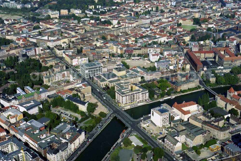 Berlin from the bird's eye view: Partial view of the city along the banks of the River Spree in the Friedrichstrasse in downtown center of the district of Mitte in Berlin