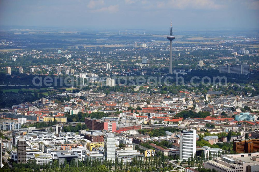 Frankfurt am Main from the bird's eye view: Cityscape from the district Bockenheim to the district Dornbusch and the TV tower Europaturm in Frankfurt at the Main in Hesse