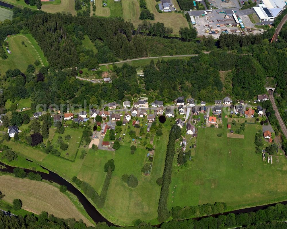 Kirchen (Sieg) from the bird's eye view: City view of the borough Freusburgermuehle in Freusburg in Rhineland-Palatinate. Freusburg is a part of Kirchen Sieg). The town is a recognized health resort in the southwestern part of Siegerlands