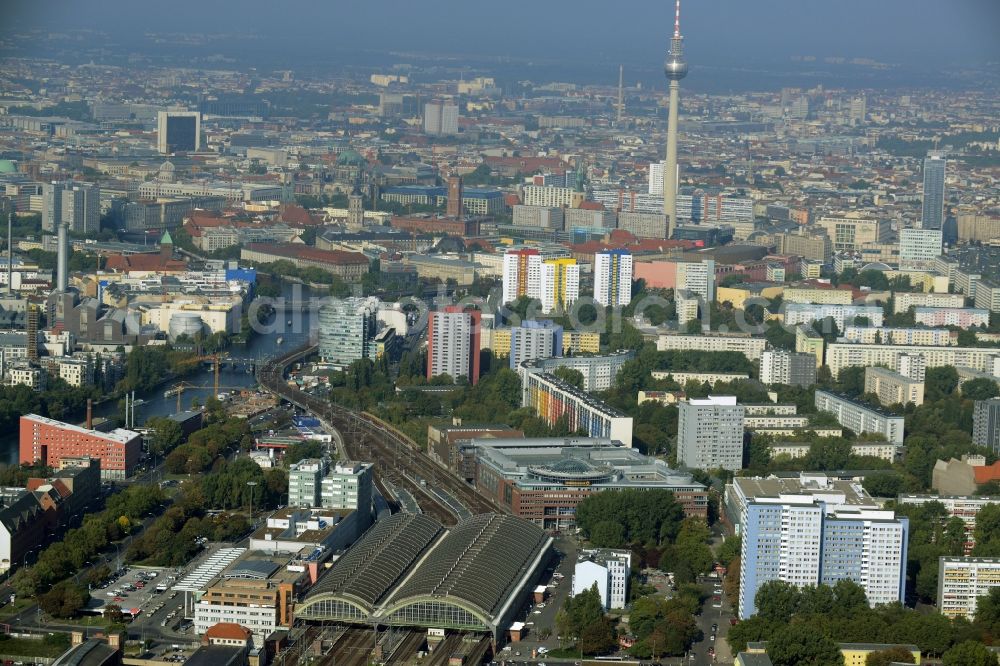 Berlin from above - View of Friedrichshain on the Northern riverbank of the Spree in Berlin in Germany. The foreground shows the Ostbahnhof (Eastern Train Station), the background shows the broadcasting tower on Alexanderplatz