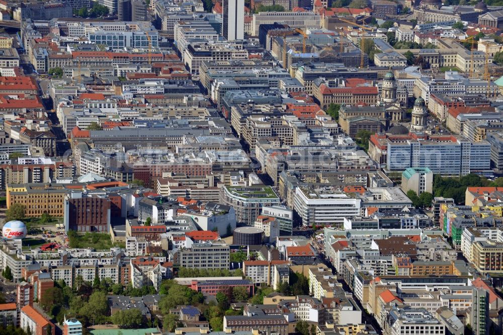 Berlin Mitte from the bird's eye view: Town partial view Friedrichstrasse - Leipziger Straße in Berlin Mitte