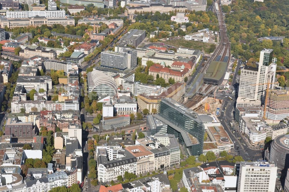 Berlin from above - View of the area in the South of the train station Bahnhof Berlin Zoologischer Garten (Bahnhof Zoo) in the Charlottenburg part of Berlin in Germany. The station is located adjacent to the Zoo of Berlin and surrounded by office, business and shopping buildings as well as high-rises