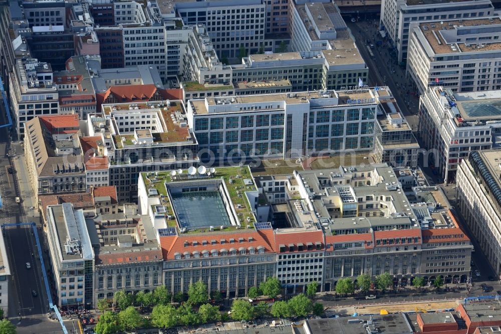 Aerial image Berlin - View of the area around Friedrichstrasse and Unter den linden in the Mitte part of Berlin in Germany. The shopping street Friedrichstrasse and the major representative street Unter den Linden includes several shopping facilities, office buildings and hotels such as the Maritim Hotel with its blue sign