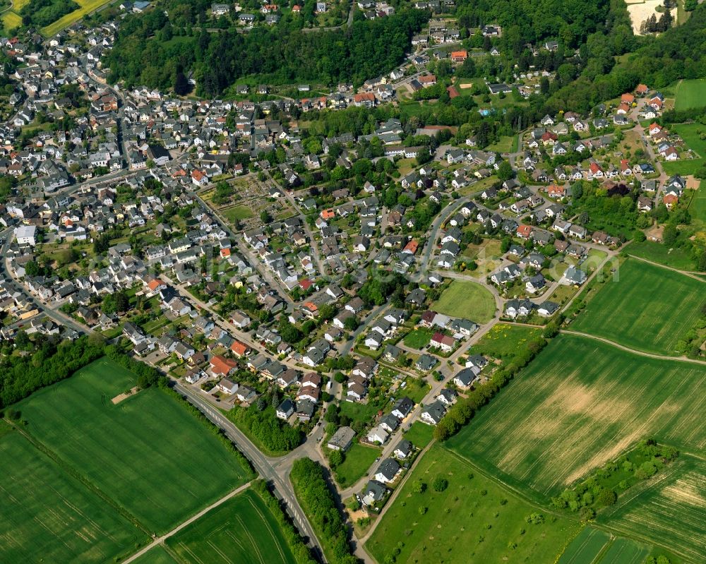 Neuwied from above - View of the Gladbach part of the town of Neuwied in the state of Rhineland-Palatinate. The town is located in the county district of Mayen-Koblenz on the right riverbank of the river Rhine. The town is an official tourist resort and is an important historic industrial site. Gladbach is located in its North, in the Nature Park Rhine-Westerwald Forest