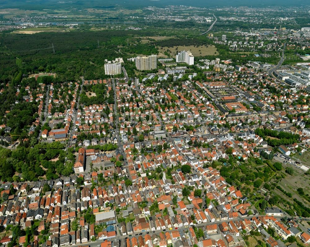 Aerial image Mainz - View of the Gonsenheim district of Mainz in the state of Rhineland-Palatinate. The second-largest district of Mainz is located in the Northwest of the city and is surrounded by the federal motorways A60 and A643. On its western edge, there are wooded areas. The district includes several sports facilities and residential estates