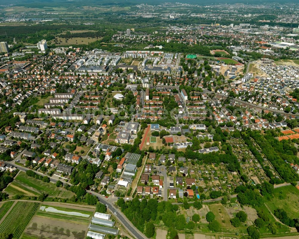 Aerial photograph Mainz - View of the Gonsenheim district of Mainz in the state of Rhineland-Palatinate. The second-largest district of Mainz is located in the Northwest of the city and is surrounded by the federal motorways A60 and A643. On its western edge, there are wooded areas. The district includes several sports facilities and residential estates