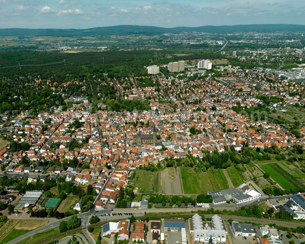 Aerial image Mainz - View of the Gonsenheim district of Mainz in the state of Rhineland-Palatinate. The second-largest district of Mainz is located in the Northwest of the city and is surrounded by the federal motorways A60 and A643. On its western edge, there are wooded areas. The district includes several sports facilities and residential estates