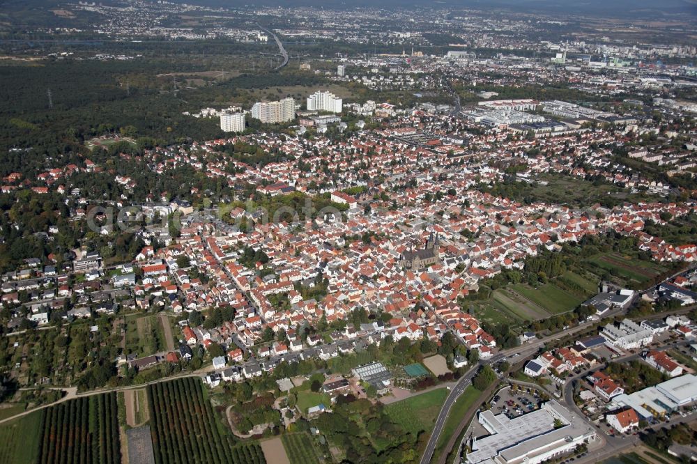 Aerial image Mainz - View of the Gonsenheim district of Mainz in the state of Rhineland-Palatinate. The second-largest district of Mainz is located in the Northwest of the city and is surrounded by the federal motorways A60 and A643. On its western edge, there are wooded areas. The district includes several sports facilities and residential estates