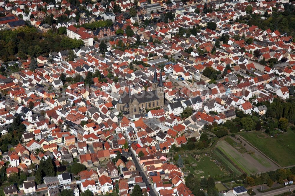 Mainz from above - View of the Gonsenheim district of Mainz in the state of Rhineland-Palatinate. The second-largest district of Mainz is located in the Northwest of the city and is surrounded by the federal motorways A60 and A643. On its western edge, there are wooded areas. The district includes several sports facilities and residential estates