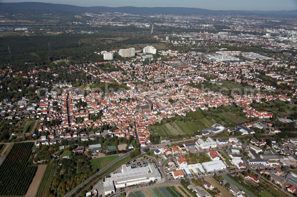 Aerial photograph Mainz - View of the Gonsenheim district of Mainz in the state of Rhineland-Palatinate. The second-largest district of Mainz is located in the Northwest of the city and is surrounded by the federal motorways A60 and A643. On its western edge, there are wooded areas. The district includes several sports facilities and residential estates