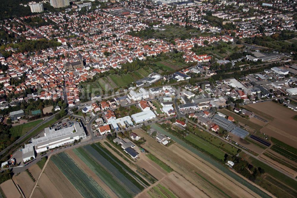 Mainz from above - View of the Gonsenheim district of Mainz in the state of Rhineland-Palatinate. The second-largest district of Mainz is located in the Northwest of the city and is surrounded by the federal motorways A60 and A643. On its western edge, there are wooded areas. The district includes several sports facilities and residential estates