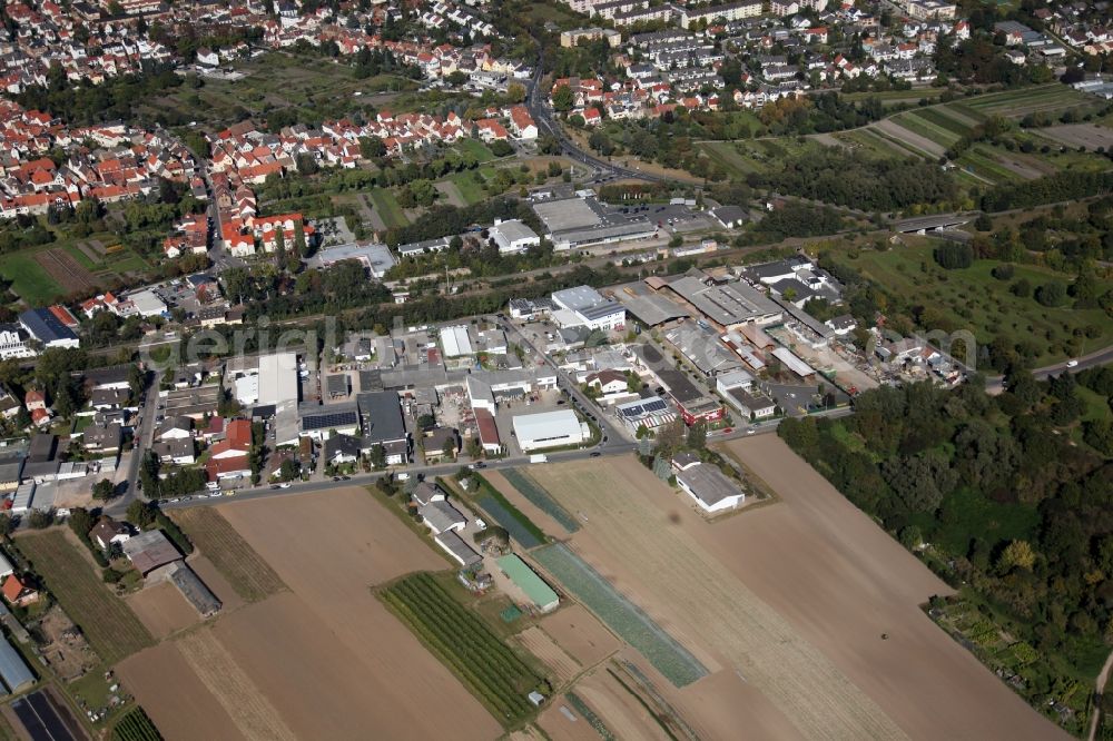 Aerial image Mainz - View of the Gonsenheim district of Mainz in the state of Rhineland-Palatinate. The second-largest district of Mainz is located in the Northwest of the city and is surrounded by the federal motorways A60 and A643. An industrial site is located in the South of the district