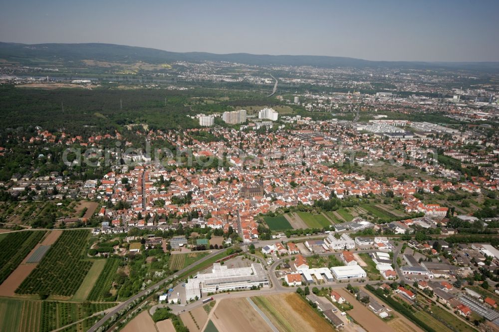 Aerial image Mainz - View of the Gonsenheim district of Mainz in the state of Rhineland-Palatinate. The second-largest district of Mainz is located in the Northwest of the city and is surrounded by the federal motorways A60 and A643. An industrial site is located in the South of the district