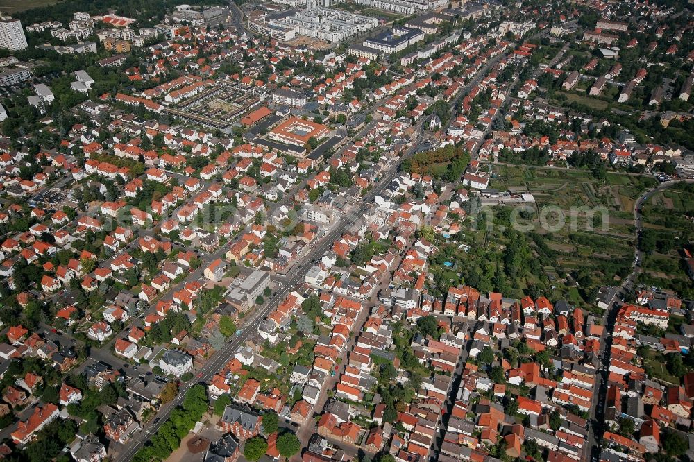 Mainz from the bird's eye view: View of the Gonsenheim district of Mainz in the state of Rhineland-Palatinate. The second-largest district of Mainz is located in the Northwest of the city and is surrounded by the federal motorways A60 and A643. An industrial site is located in the South of the district