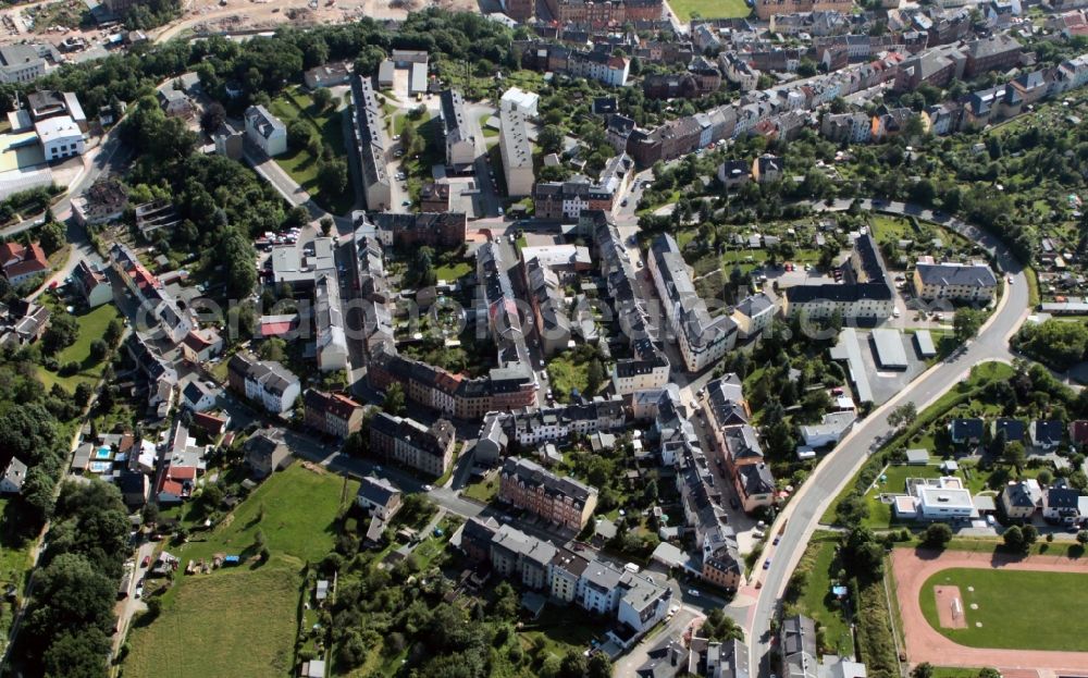 Greiz from the bird's eye view: District view of Greiz in the federal state Thuringia. With a view of the area around Pohlitzer street and the street Friedensring