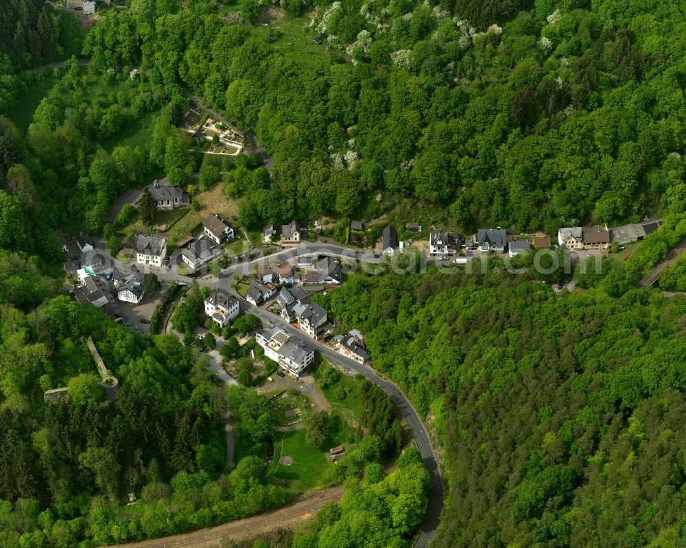 Höhr-Grenzhausen from above - View of the Grenzau part of the town of Hoehr-Grenzhausen in the state of Rhineland-Palatinate. The town is located in the county district of Westerwaldkreis, in the Kannenbaeckerland region. It is an official tourist resort. Grenzau is located in the North of the town area, surrounded by hills and forest