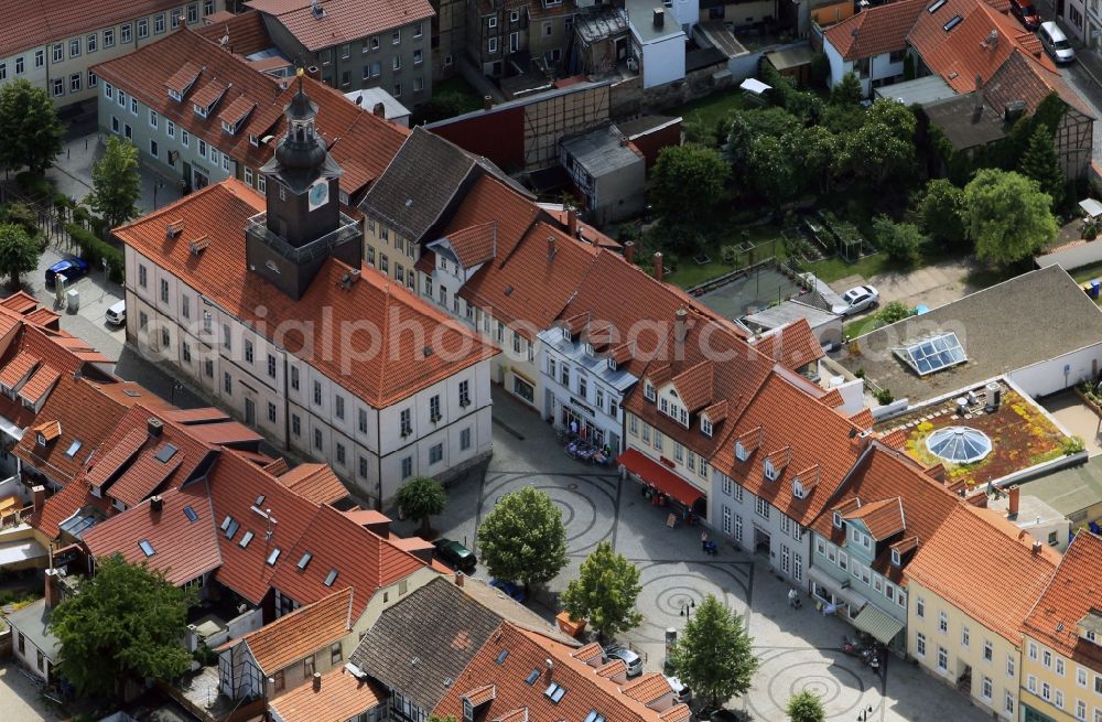 Greußen from above - Partial town view of Greussen in the state of Thuringia with view of the city's market square, on which the restored Town Hall is located