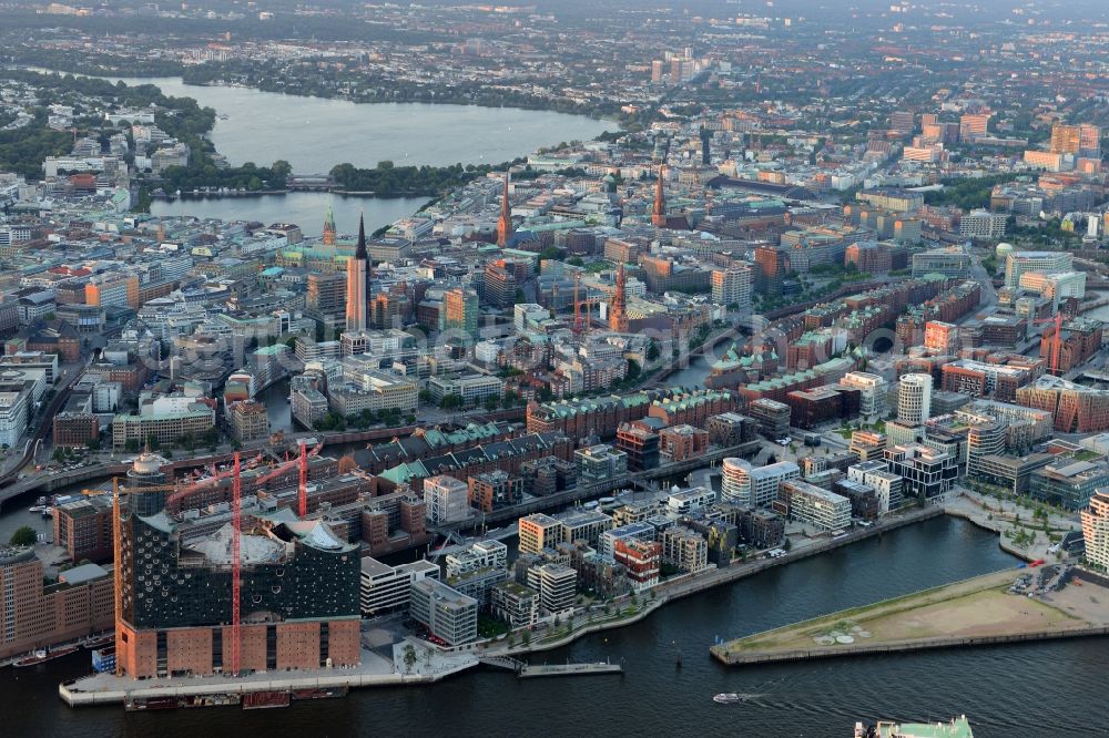 Hamburg from the bird's eye view: View of the HafenCity quarter with the construction site of Elbphilharmonie and the city center of Hamburg, Germany