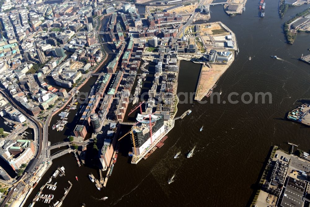 Hamburg from above - View of the HafenCity quarter with the construction site of Elbphilharmonie and the city center of Hamburg, Germany