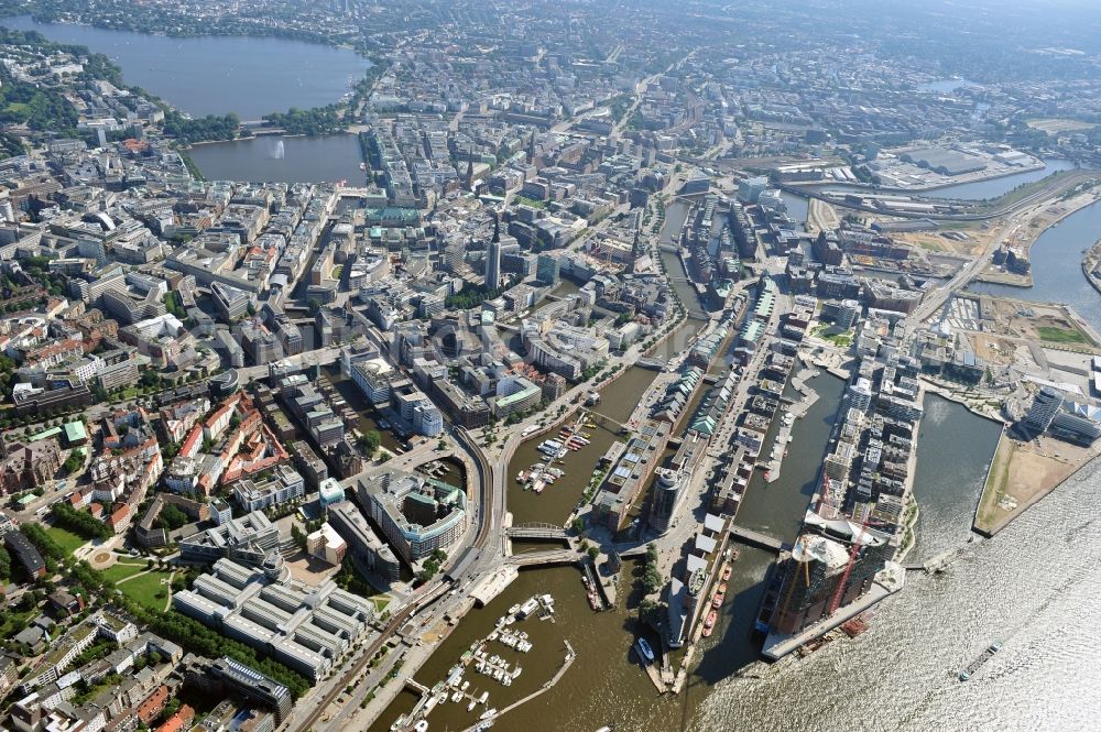 Hamburg from above - View of waterfront Hafencity in Hamburg. Hafencity is a district in the middle of Hamburg. It exists of the area of the Großer Grasbrook, the northern part of the former isle Grasbrook, and the Speicherstadt on the former isles Kehrwieder and Wandrahm