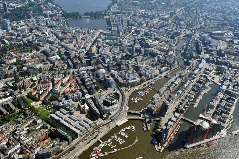 Hamburg from the bird's eye view: View of waterfront Hafencity in Hamburg. Hafencity is a district in the middle of Hamburg. It exists of the area of the Großer Grasbrook, the northern part of the former isle Grasbrook, and the Speicherstadt on the former isles Kehrwieder and Wandrahm