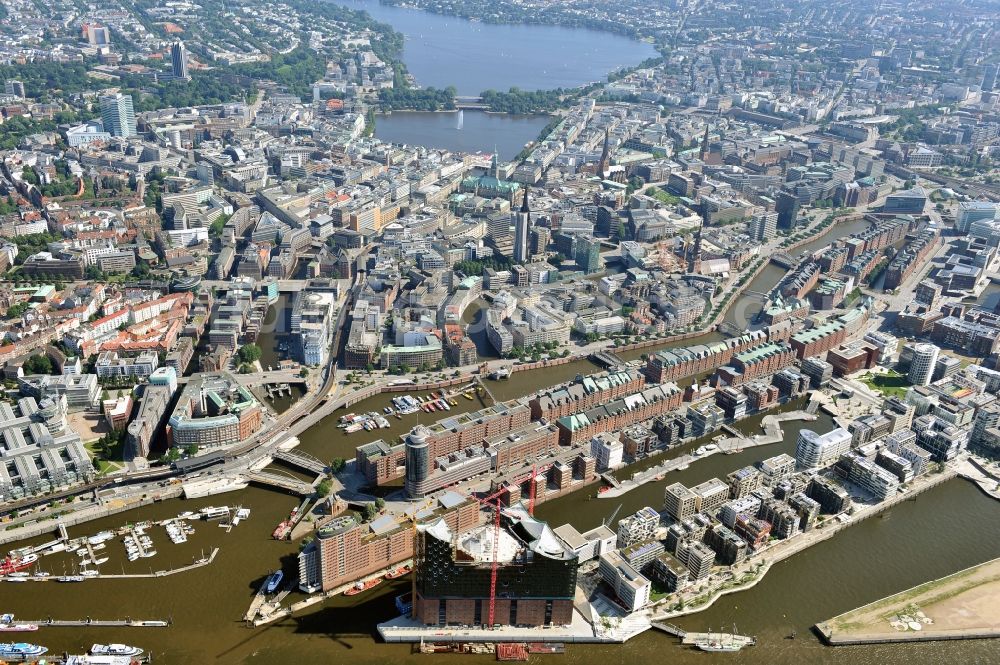 Aerial image Hamburg - View of waterfront Hafencity in Hamburg. Hafencity is a district in the middle of Hamburg. It exists of the area of the Großer Grasbrook, the northern part of the former isle Grasbrook, and the Speicherstadt on the former isles Kehrwieder and Wandrahm