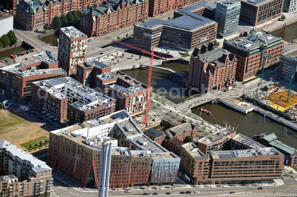 Hamburg from above - View of waterfront Hafencity in Hamburg. Hafencity is a district in the middle of Hamburg. It exists of the area of the Großer Grasbrook, the northern part of the former isle Grasbrook, and the Speicherstadt on the former isles Kehrwieder and Wandrahm