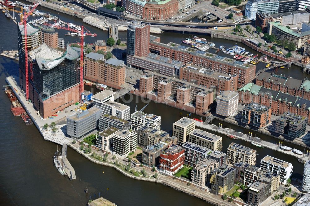 Hamburg from the bird's eye view: View of waterfront Hafencity in Hamburg. Hafencity is a district in the middle of Hamburg. It exists of the area of the Großer Grasbrook, the northern part of the former isle Grasbrook, and the Speicherstadt on the former isles Kehrwieder and Wandrahm