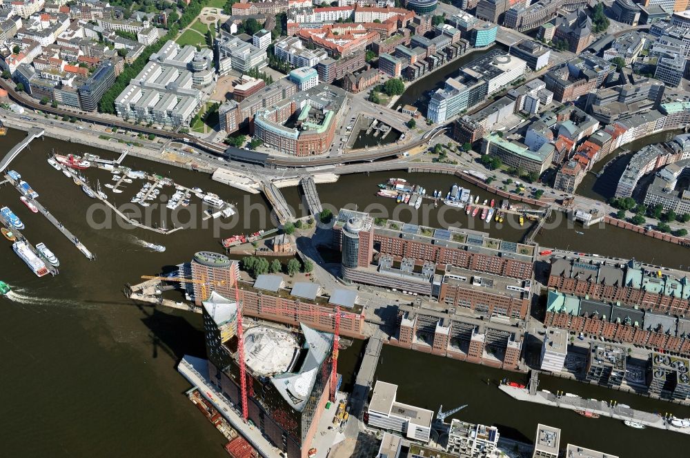 Hamburg from above - View of waterfront Hafencity in Hamburg. Hafencity is a district in the middle of Hamburg. It exists of the area of the Großer Grasbrook, the northern part of the former isle Grasbrook, and the Speicherstadt on the former isles Kehrwieder and Wandrahm