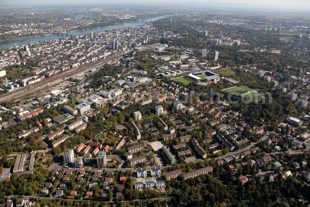 Mainz from above - View of the Hartenberg-Muenchfeld district of Mainz in the state of Rhineland-Palatinate. The Northern district is home to several important buildings and institutions of Mainz - such as the stadium of Mainz 05, the state broadcasting house or the Binger Schlag area - and includes several residential areas and estates