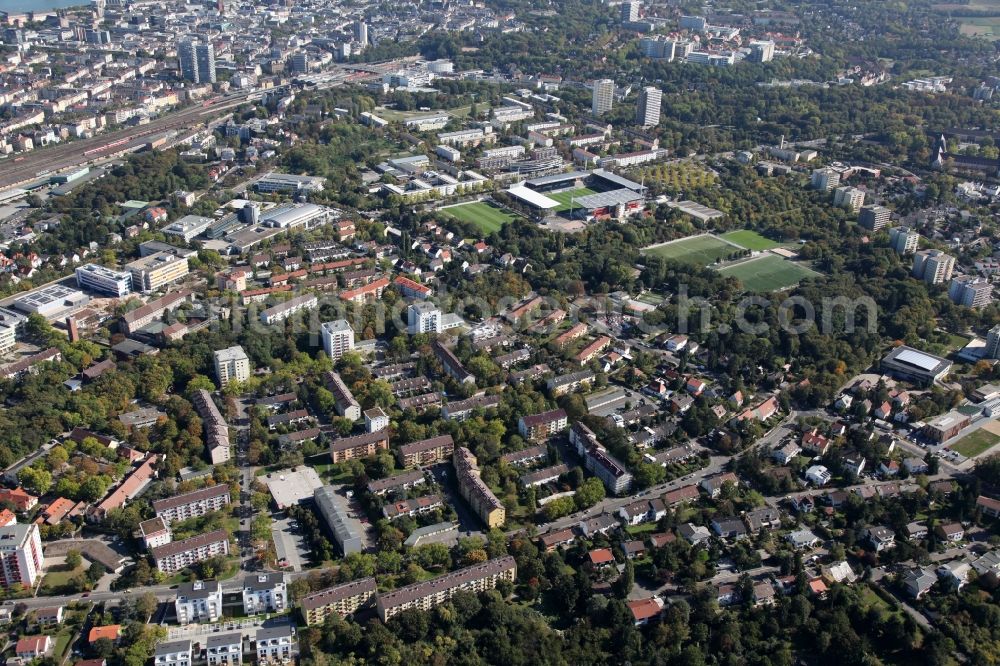 Aerial image Mainz - View of the Hartenberg-Muenchfeld district of Mainz in the state of Rhineland-Palatinate. The Northern district is home to several important buildings and institutions of Mainz - such as the stadium of Mainz 05, the state broadcasting house or the Binger Schlag area - and includes several residential areas and estates