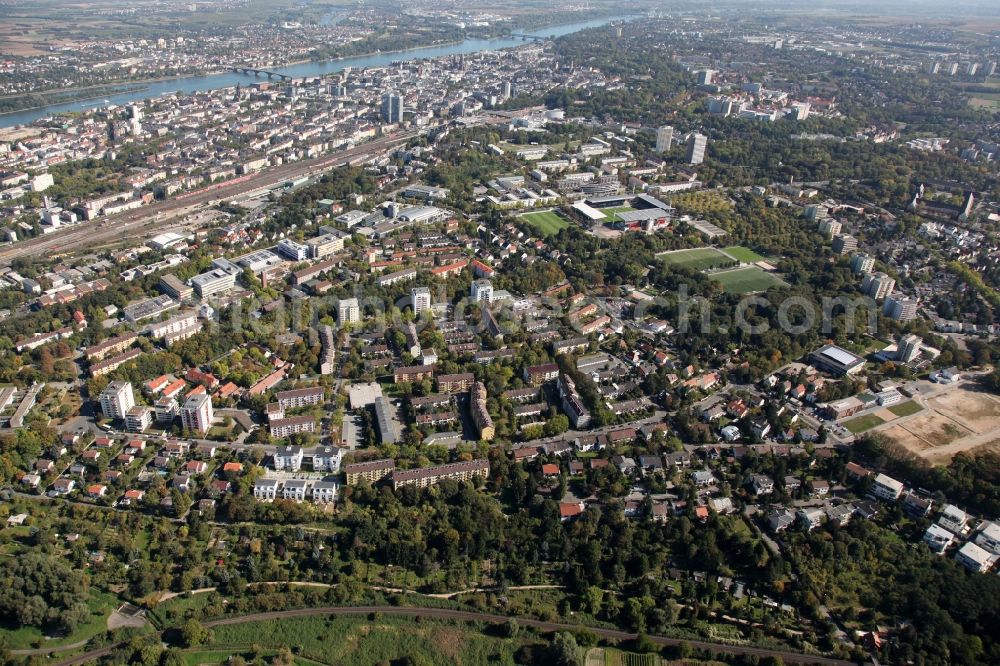 Mainz from above - View of the Hartenberg-Muenchfeld district of Mainz in the state of Rhineland-Palatinate. The Northern district is home to several important buildings and institutions of Mainz - such as the stadium of Mainz 05, the state broadcasting house or the Binger Schlag area - and includes several residential areas and estates