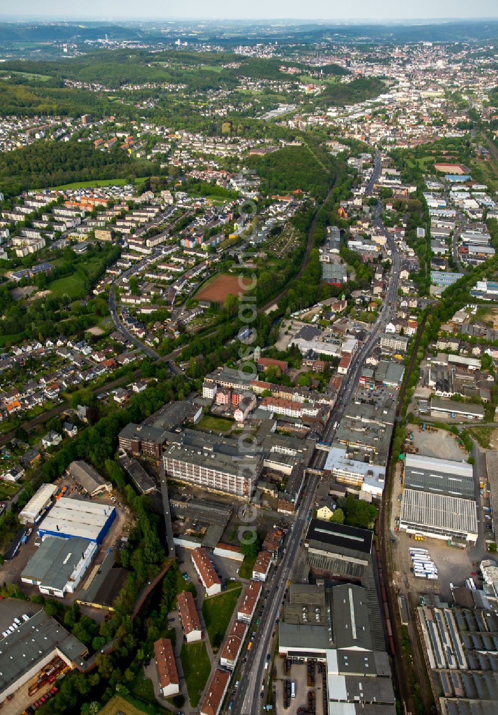 Aerial photograph Hagen - View of the borough of Haspe with its commercial area and the former Brandt Zwieback factory in the West of Hagen in the state of North Rhine-Westphalia