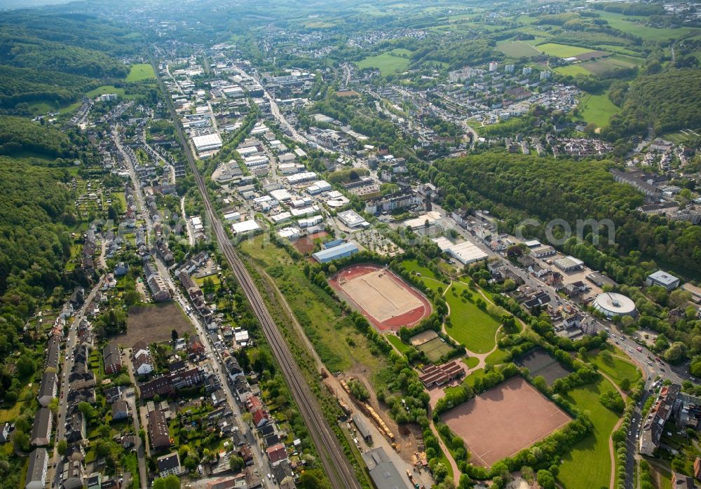 Hagen from above - View of the borough of Haspe with its commercial area and the sports and leisure facilities in the valley of Ennepe in the West of Hagen in the state of North Rhine-Westphalia