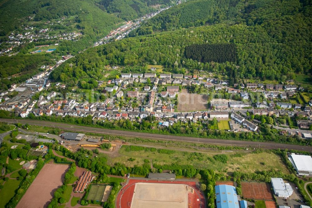 Hagen from the bird's eye view: View of the borough of Haspe with its commercial area and the sports and leisure facilities in the valley of Ennepe in the West of Hagen in the state of North Rhine-Westphalia