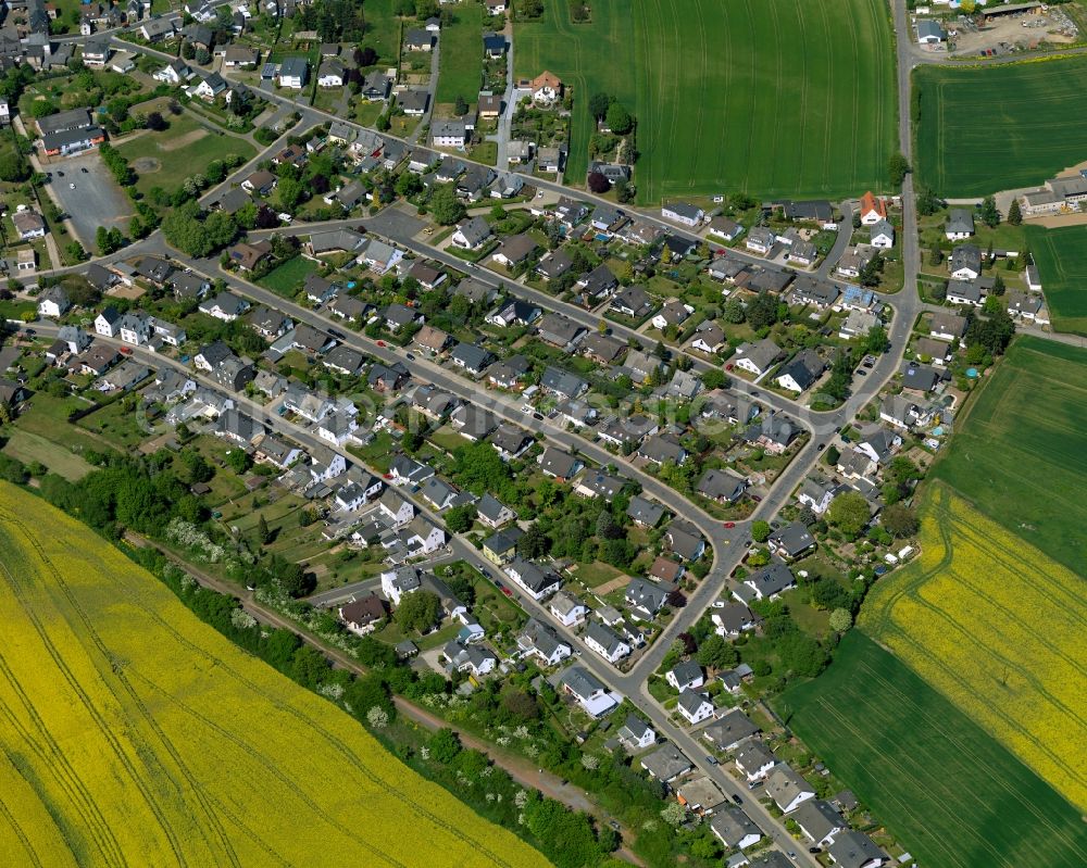 Mayen from the bird's eye view: View of the Hausen district of Mayen in the state Rhineland-Palatinate. The town is located in the county district of Mayen-Koblenz in the Eifel region. The urban area is crossed by the river Nette. Mayen consists of a main town and four boroughs and districts. Hausen is one of these four parts and located in the East of the main town