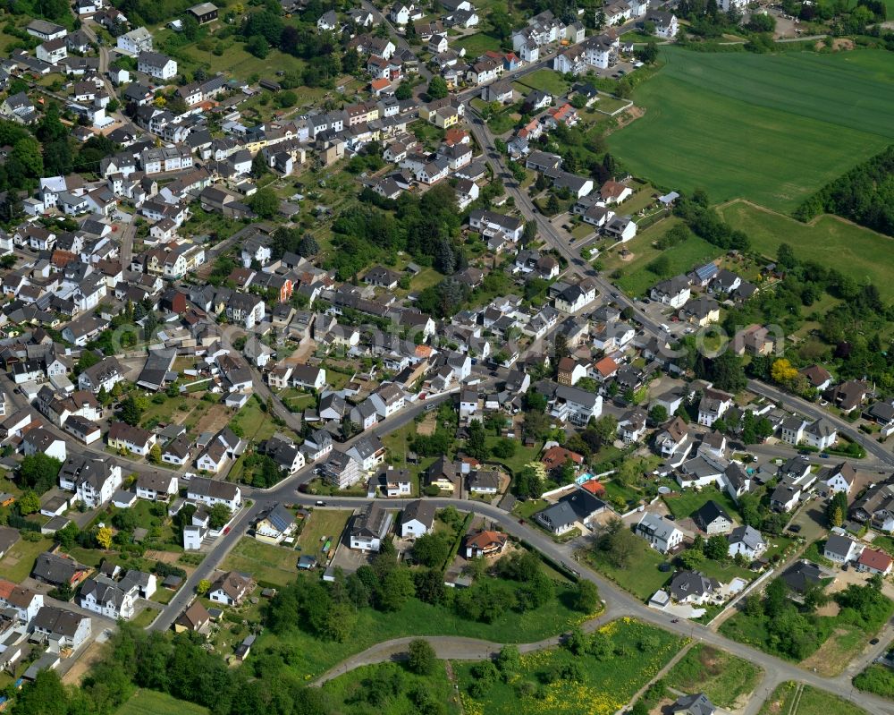 Aerial photograph Neuwied - View of the Heimbach-Weis part of the town of Neuwied in the state of Rhineland-Palatinate. The town is located in the county district of Mayen-Koblenz on the right riverbank of the river Rhine. The town is an official tourist resort and is an important historic industrial site. Heimbach-Weis is located in its North. It borders Westerwald forest and includes the zoo of Neuwied